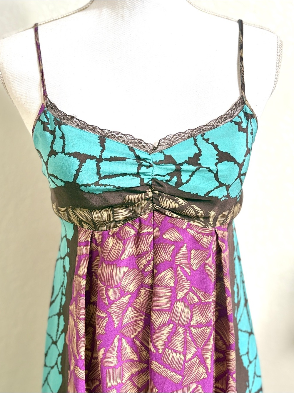 Petticoat Alley Women's silk Turquoise purple print Spaghetti Strap camisole S - Picture 5 of 8